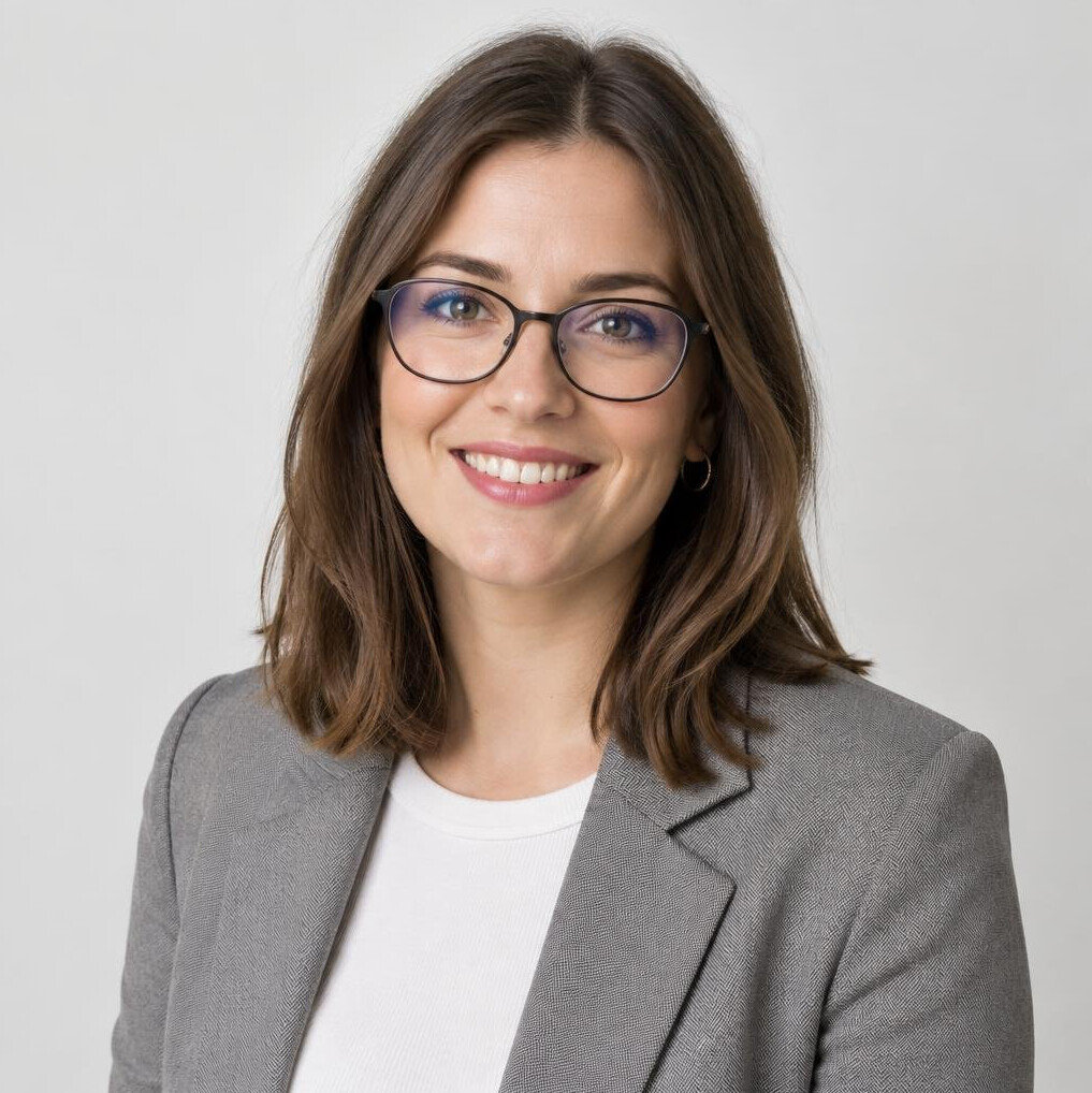 Studio portrait of a woman with glasses smiling