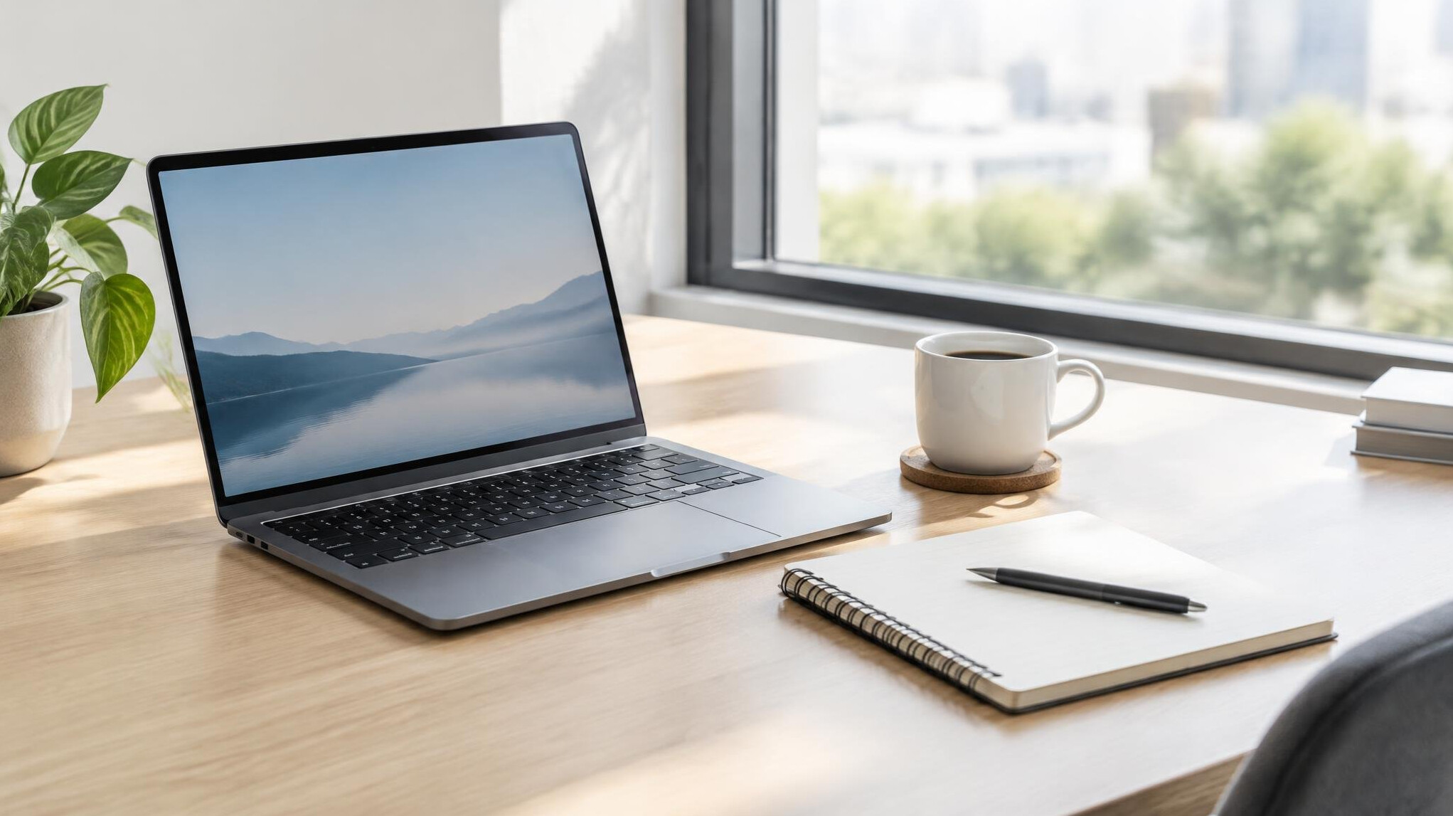 Modern office desk with a laptop and notebook