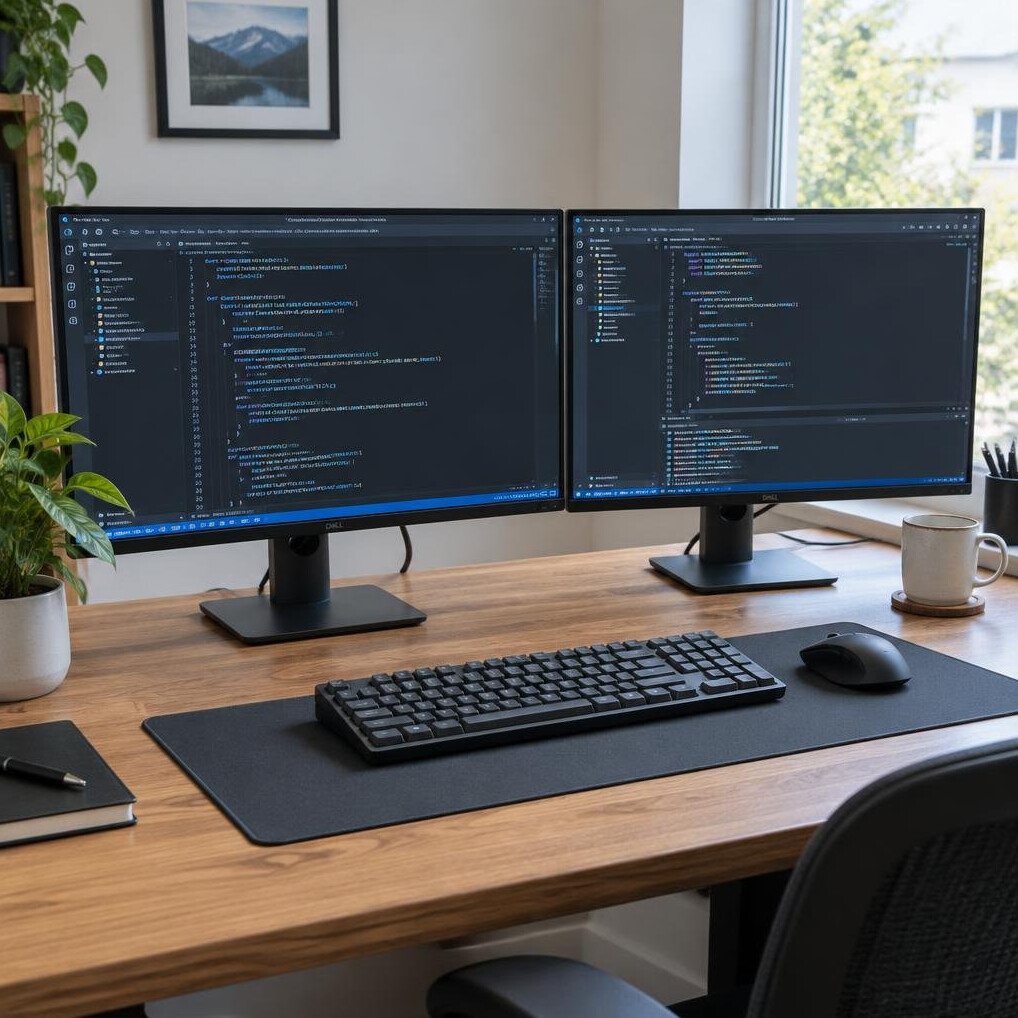 Dual monitor workspace setup with code on screens