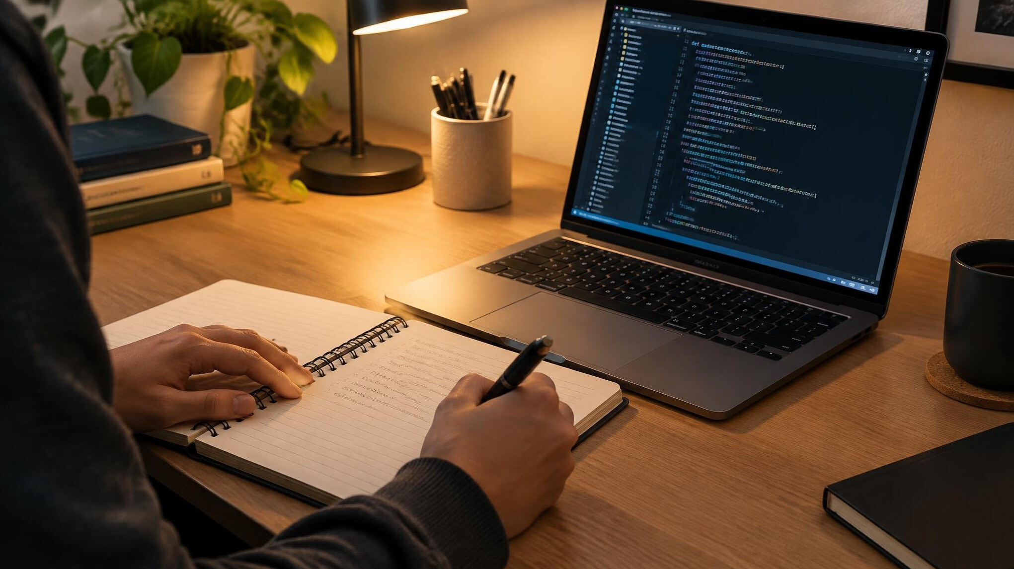 Hands writing notes next to an open laptop