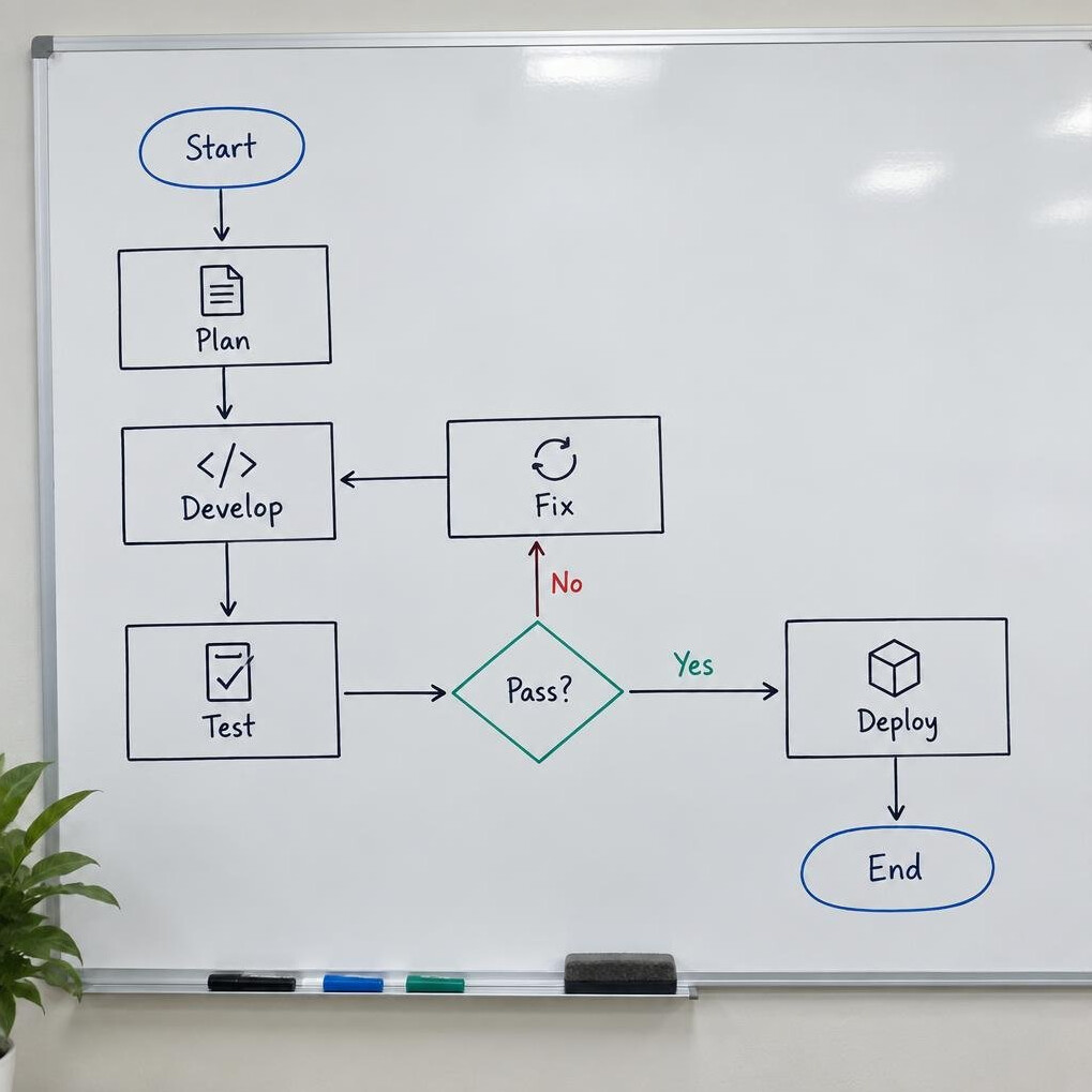Whiteboard with a hand-drawn flowchart diagram